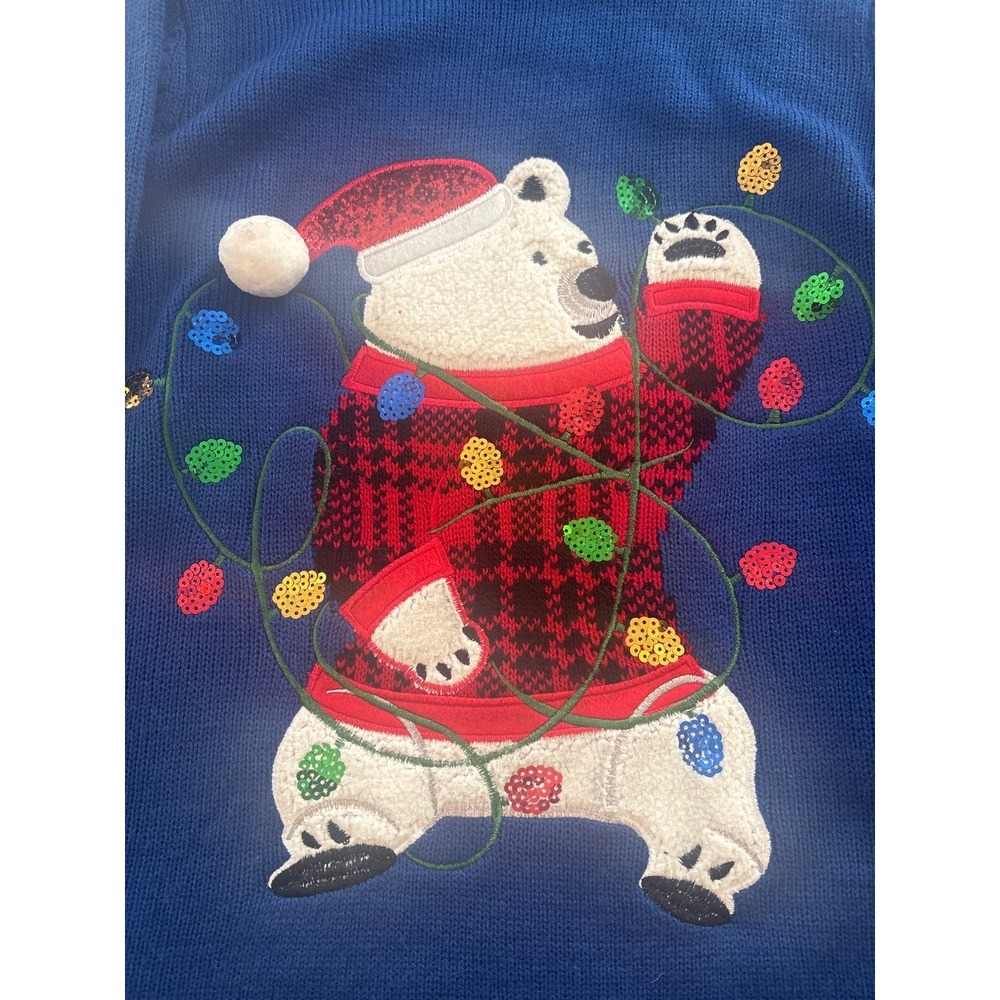 Karen Scott Sweater Womens size Small S Blue Polar Bear Christmas Lights Sequin